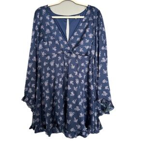 Crystal Doll Navy Floral Long Sleeve V-Neck Back Keyhole Dress Women’s Size XL